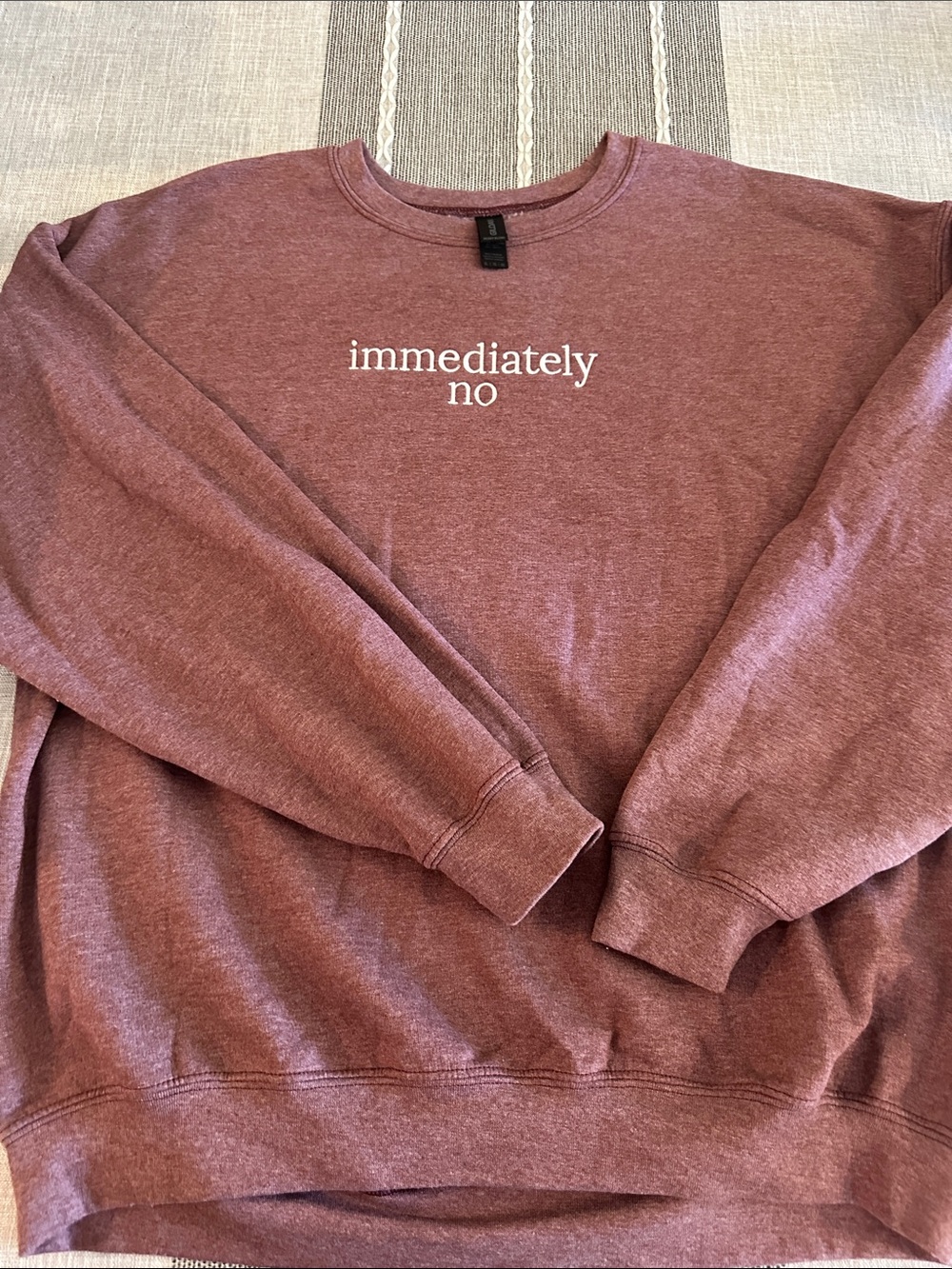 “Immediately No” Embroidered Gildan Crewneck Sweatshirt Heather Mauve Unisex XL